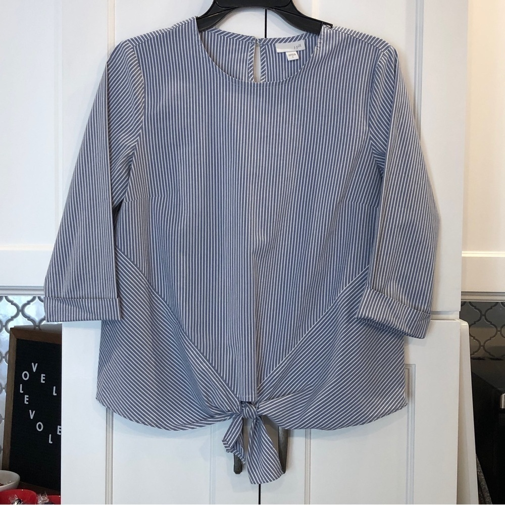 J. Jill Womens Striped Waist Tie Top Size S Blue Preppy Coastal Contemporary